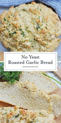 A spin-off of my most popular bread recipe, this one is laced with butter and roast garlic. No yeast and no rise time and only 6 ingredients!