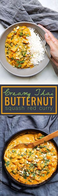 Creamy Thai Butternut Squash Red Curry - a quick weeknight dinner recipe that's loaded with tender butternut squash and fresh baby spinach. So warm and comforting! #redcurry #butternutsquashcurry #thairedcurry | http://LIttlespicejar.com