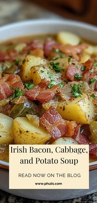 Irish Bacon, Cabbage, and Potato Soup is a hearty and comforting dish that embodies the rustic flavors of traditional Irish cuisine. This delightful soup combines the rich, savory taste of Irish bacon with the natural sweetness of cabbage and potatoes, creating a perfect blend of textures and flavors that warm the soul.