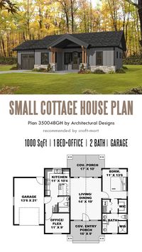 A charming example of the craftsman style, explore this cozy cottage plan for your small living space needs. Boasting 1000 sqft of heated living area, this plan features a bedroom, office, kitchen with island, and one-car garage. The living and dining areas provide a seamless indoor-outdoor flow through sliding doors, leading to inviting covered porches both at the front and rear.