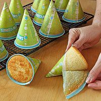 This is smart...Bake cake in snow cone cups for party hat cakes, princess castles, Christmas trees, etc...