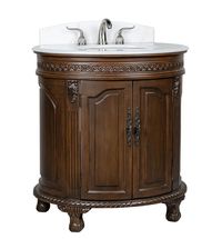 Dimensions: 32 x 22 x 36"H.  The Brown single bathroom vanity comes with beautifully carved accents and a white marble counter top. The stylish stone top is shaped to reflect the design of the cabinet. An accented trim surrounds the top of the cabinet and highlights the carved columns. The doors have decorative trim su