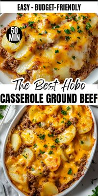 Looking for a quick and hearty casserole recipe? This Hobo Casserole Ground Beef Recipe is an easy-to-make dinner with layers of flavorful ground beef, potatoes, and cheese. Save this recipe for your weeknight comfort food! #HoboCasseroleGroundBeef #GroundBeefRecipes #EasyComfortFood