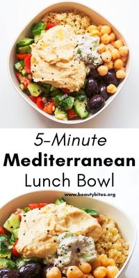 5-Minute Mediterranean Bowl! This is a quick and easy clean eating Mediterranean lunch recipe that you can assemble in 5 minutes. This delicious Mediterranean diet recipe is easy to meal prep, vegan and gluten-free!