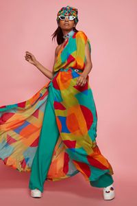 Buy Eshaa Amiin Multi Color Crepe One Shoulder Kaftan And Pant Set Online | Aza Fashions