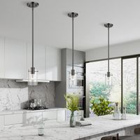 This 1-light pendant features a sleek, modern look that illuminates almost any spot in your home. The fixture is made from steel with a metallic finish, and it holds in place a single dimmable bulb (sold separately) surrounded by a clear, glass cylindrical shade. With an adjustable length, this luminary can be tailored to suit the style and height of your dining room or entryway. Rated for damp locations, it's also safe to put in high-moisture environments. Note: This listing is only one pendant