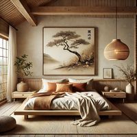 Discover serenity in this Japanese-inspired Boho bedroom featuring minimalist design elements. A low wooden platform bed is adorned with neutral bedding in earthy tones of rust, cream, and orange. The focal point is a large traditional Japanese wall art of a tree, enhancing the room's natural theme. Woven pendant lights and natural wood furniture, including a nightstand and bench, contribute to the warm, organic feel. Large windows allow soft natural light to fill the space, while potted plants add a touch of greenery, creating a peaceful and balanced retreat.