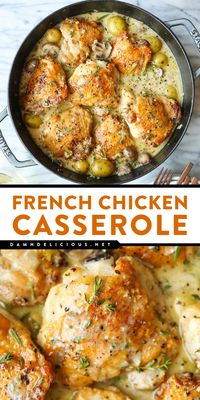 Looking for simple family meals? Here's a chicken dinner recipe! Cooked in a white wine sauce with potatoes, mushrooms, and herbs, this easy French chicken casserole is so cozy and wholesome!