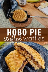 A camping breakfast recipe OR camping dessert recipe that is SO good and such an easy camping meal idea. Cook these stuffed waffles over the campfire in a pie iron to make a pudgy pie recipe. It's so fun to toast up this sweet and salty campfire breakfast!