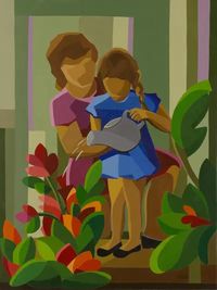 Mother and Daughter with Flowers Signed Original Painting - Watering the Flowers | NOVICA