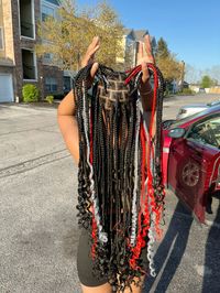 Knotless braids/ extra long/ long braids/ red and black/ silver braids/ curly ends/ red and silver/ long knotless/ braid inspo/ blackgirl hair/ hairstyle ideas/ pose ideas