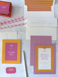 🎾💍 Get ready to serve up some serious fun with this preppy tennis-themed bachelorette party invitation! Featuring chic purple and orange stripes, a cute tennis racket icon, and the playful phrase "Last Swing Before the Ring," this invite sets the tone for a sporty, stylish celebration. Perfect for the bride who loves a little friendly competition with a dose of classic preppy flair!

Available with matching party essentials like thank you cards, favor tags, and stickers, this invitation is your ace for an unforgettable preppy bachelorette bash. 🏆✨ #PreppyStyle #BacheloretteParty #TennisTheme #LastSwingBeforeTheRing #PartyPlanning #PreppyVibes