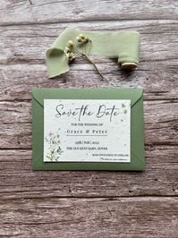 The Spring Green Collection : Save The Date InvitesMake your wedding an eco-conscious celebration with our unique Seed Paper Wedding Stationery. The Spring Green collection is perfect for Green, Sage, and Natural wedding themes and promises to add a memorable touch to your special day.And here's the best part – your guests can plant their Invites and watch beautiful wildflowers bloom! Plantable Seed Paper: Our exclusive seed paper is embedded with 20 different types of UK wildflower seeds for a