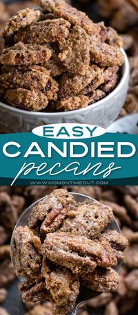 Sweet and crunchy Candied Pecans are so easy to make and even easier to eat! With just a handful of ingredients, this delightfully easy recipe makes for a delicious holiday gift and is the perfect topping for desserts, breakfasts, and salads! This really is the best candied pecan recipe you'll ever try! // Mom On Timeout #candied #pecans #Christmas #holidays #salads #pecan #easy