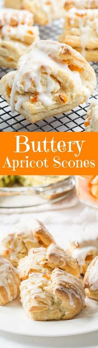 Buttery Apricot Scones ~ A light, flaky, buttery scone layered with chopped apricots and iced with an almond flavored glaze. www.savingdessert.com