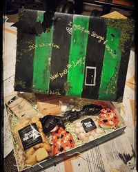 Beetlejuice inspired gift box. Various treats inside. #halloweencrafts #halloweentreats #beetlejuice #halloween