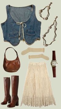 Not My Pic ~ outfit inspo, outfit inspiration, style, trendy, fashion, stylish, style inspiration, trending, outfit idea, fashion idea, fashion inspo, ootd, outfit board, mood outfit board, fit board, denim vest, pearl jewelry, brown boots