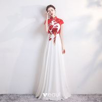 Chinese style Red White Chiffon Cheongsam / Qipao 2020 A-Line / Princess High Neck Cap Sleeves Appliques Embroidered Floor-Length / Long Formal Dresses