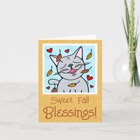 Smiling Cat In Autumn Leaves Fall Blessings Card