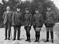 Sinn Fein leader and Commander-In-Chief of the Irish Free State Army Michael Collins (1890 - 1922) at the Curragh Barracks in County Kildare with Col Dunphy, Major General Emmet Dalton, Comdt-Gen P MacMahon and Comdt-Gen D O'Hegarty. Collins took part in the Easter Rising of 1916 and in 1921 he negotiated the peace treaty with Britain.