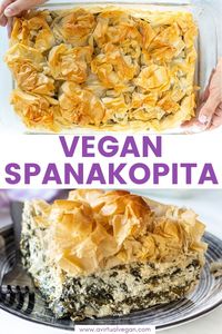 Vegan Spanakopita. My take on the great Greek spinach and feta pie! Featuring shatteringly crisp phyllo pastry, and a soft, salty, feta-cheesy, spinachy filling, all baked up to golden perfection. Comfort food at it's finest. #veganspanakopita