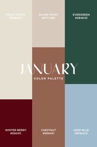 January's palette whispers the tranquility of a winter landscape, from the crisp purity of Frost White to the deep serenity of Evergreen. These hues evoke the hushed stillness of snow-covered forests and the quiet promise of a new year.