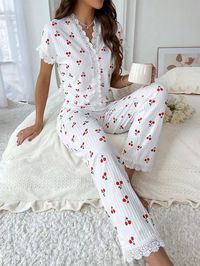 Cherry Embroidered Lace Pajamas Women's Short Sleeve V-Neck Sets Casual DailyWear 2 Piece Sleepwear Suit Sweet Home Clothes 2024