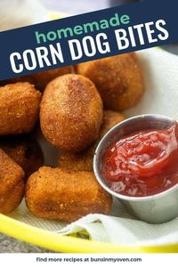 My kids LOVED these corn dog bites and they were easy too! The coating is sweet and fluffy and just perfect. #corndogs #recipe