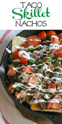 Taco Skillet Nachos are the best kind of party food! All of your favorite flavors for tacos topped onto a bed of tortilla chips for a delicious appetizer! | The Bitter Side of Sweet #gameday #appetizer #taco   via @nancypira