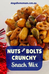 Nuts and Bolts Crunchy Snack Mix makes for a deliciously different snack to chips. They are tasty, and you can’t stop at just a handful. Best of all, make up a batch and give them as gifts!