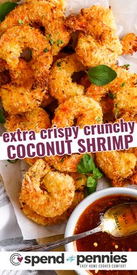 This coconut shrimp recipe makes a superb appetizer. In this recipe, jumbo shrimp are breaded in coconut and flour and then baked in the oven until they are irresistibly crispy. There are perfect for dipping into a sweet and spicy cocktail sauce. #coconutshrimp #coconutshrimprecipe #easycoconutshrimp #spendwithpennies