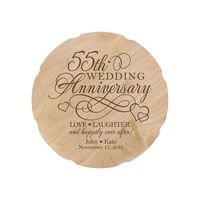 Honor the happy couple with a personalized wedding anniversary 12" x 12" maples wooden platter. A treasured and lasting personal keepsake for a wedding or anniversary. An anniversary platter can be displayed on a tabletop. Personalized wedding anniversary wooden decorative platter Made in the USA Measures 12" in diameter. An anniversary gift can be displayed on a tabletop. Made of Maple wood. Makes a special wedding anniversary gifts for him or her. Cherished custom made anniversary keepsake. De