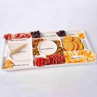 The Circa Charcuterie Tray completes your party spread. With a dimensional dotted border, the white ceramic platter features 11 sectioned compartments with charming labels: "Meat me halfway," "Brie cool," "You cracker me up," "Fruit for thought," "Feelin' nutty," "CharCUTErie," "Olive you," "Nice to meat you," "Cheese please," "Let's take a cracker at it," and "Dairy beloved."