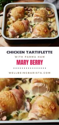 The Chicken Tartiflette Mary Berry is a chicken breast wrapped in Parma ham traybake is a rich and comforting dish perfect for a cosy lunch or dinner.