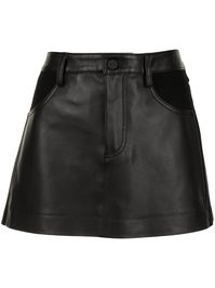 Black calf leather A-line leather skirt from DION LEE featuring low-rise, belt loops, front button and zip fastening, classic five pockets and straight hem. | Dion Lee A-line leather skirt