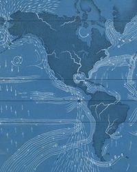 Pierre Beron's incredible 'Atlas Meteorologique' included 11 full color chromolithographed plates, seven printed in blue and white. The plates show a wide range of meteorological theories, including the origin of clouds and whirlwinds, lighting and thunder rain, heat wind, terrestrial magnetism, magnetic currents, and in this print, diagrams of the origin of land and sea currents. -FINE ART PRINTING- Each print is made to order and hand printed in Portland, Oregon. Prints and layouts can be cust