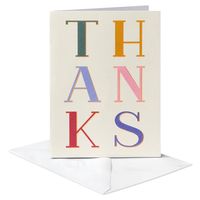 Share a very special thank-you this Spring and add your own personal note using this 10-Count Thank-You Stationery Pack! The design features the word “Thanks” written in stacked letters, each a different color. Lettering is further enhanced with metallic gold foil on a tan background. These cards are blank inside for your personal message of gratitude. Perfect for sending to anyone of any age! Stationery Pack includes 10 cards and envelopes. You’ll be glad to have this Stationery Pack at your fi