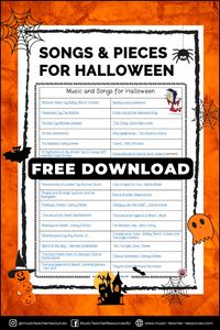 Looking for music for your Halloween lessons? Download my 30 Songs and Pieces for Halloween for FREE! This collection is packed with classroom-appropriate songs and pieces that will make your Halloween music lessons even more fun. Get it now to enhance your spooky-themed lessons. #FreeMusicResource #HalloweenMusic #MusicEducation #MusicTeacher #TeachMusic #HalloweenLessons #ClassroomMusic #MusicForHalloween #FreeDownload #MusicWorksheets