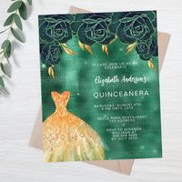 Emerald green gold dress Quinceanera invitation