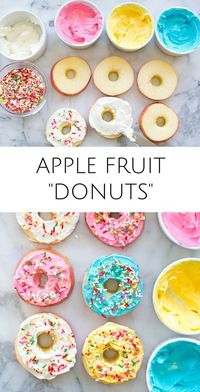 Easy Apple Fruit Donuts. Yummy healthy kid snack or treat with less sugar than regular donuts! These would make fun treats for kids parties too.