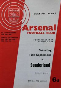 Saturday, 12th September 1964
Arsenal 3 (Eastham 2, Strong) Sunderland 1 (Sharkey)
Attendance: 34,291.
Notes:
Sandy McLaughlin pushed an Alan Skirton penalty onto the post in the 75th minute. Cecil Irwin was injured in the build-up to the penalty and took no further part in the game. Sunderland played out the game with 10 men.