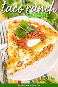 Taco Ranch Quiche Recipe - SO delicious! Quiche loaded with taco meat, salsa, Ranch dressing, and cheese. Top with your favorite taco toppings for a fun twist to taco night! Can assemble quiche and freeze unbaked for a quick meal later. Everyone LOVES this easy recipe! There are never any leftovers!! Ground beef, taco seasoning, Rotel tomatoes, cheddar cheese, milk, eggs, ranch dressing. SO simple and it tastes AMAZING! #quiche #taco #groundbeef