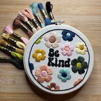 Be kind- we all need this reminder these days and why not dress it up with some happy groove flowers? This 6 inch embroidery hoop KIT comes with everything you need to make the art shown in this picture. THIS IS NOT A FINISHED ART PIECE! You will make it yourself! Includes: 6 inch hoop My favorite size needle that's perfect for using all six strands of thread Heat erasable drawn pattern on quality surged edged fabric  *11 (yes, ELEVEN!) Full sized skeins of thread of all colors shown- hello bonus! Paper packet of instructions, stitch guide  and traceable pattern for duplicate projects  *Some colors may vary but will match accordingly  Ready to ship out and shipping is included in total cost A sparklinbecks embroidery original pattern piece.