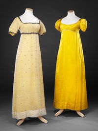 1810s Dress and Underdress; c.1810 Dress: Cotton muslin embroidered with metallic thread, trimmed with metallic fringe, over reproduction silk lining. (view 1)