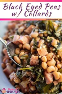 Simple, classic black-eyed peas and collard greens are an amazing Southern comfort dinner that is sure to please everyone! It’s rich, full of flavor, and so easy to make – you’ll want to whip up this dish all the time! BakeItWithLove.com #bakeitwithlove #blackeyedpeas #collardgreens #southern #dinner