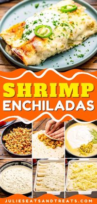 Want more weeknight dinner recipe for the family? These Shrimp Enchiladas are filled with tender, flavorful shrimp and topped with a delicious homemade creamy sauce! Pin this delicious comfort food idea today!