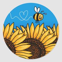 a cute bee flies over a row of sunflowers and leaves a heart-shaped trail on this fun and colorful stickers