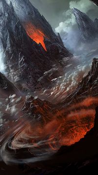 Volcanic rocky moutains, vulcanic eruption environment concept art, Magma world, Concept art environment landscape scenes, deserted world illustrations created for videogames. Outdoor environment concept art illustration,mountains digital painting, lava speed painting, nature matte painting in composition with lava, magma, fulcanic fumes or mountain scenery, with  ruins. Design reference or inspiration for concept artists.