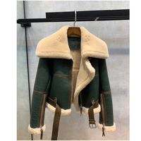 New Winter Clothes Green Stitching Large Lapel Motorcycle Clothing Women's Thickened Short Fur One-Piece Sheepskin Coat