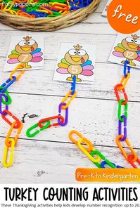 These FREE turkey counting activities help kids learn to identify and count numbers up to 20. They include some hands on popsicle stick counting mats and number cards to use with counting links. Perfect for Pre-K, Preschool or Kindergarten math centers. #thanksgivingactivities #turkeyactivities #mathcenters #prekmath #kindergartenmath #preschoolmath #turkeymath #thanksgivingmath #homeschool #countingactivities #numberrecognition